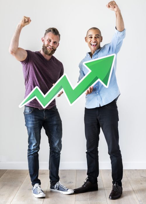 Two casual man holding business icon